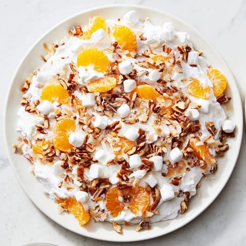 Luscious Elevated Ambrosia Salad, creamy with marshmallows, and prepared without cooking, ready to chill.