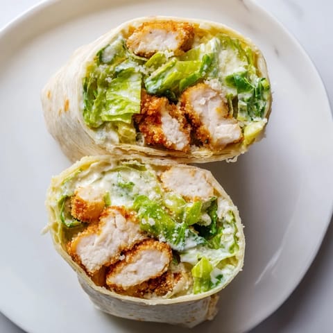 Golden-brown Crispy Chicken Caesar Wrap sliced in half, showcasing juicy chicken, fresh romaine, and creamy dressing inside a soft flour tortilla.