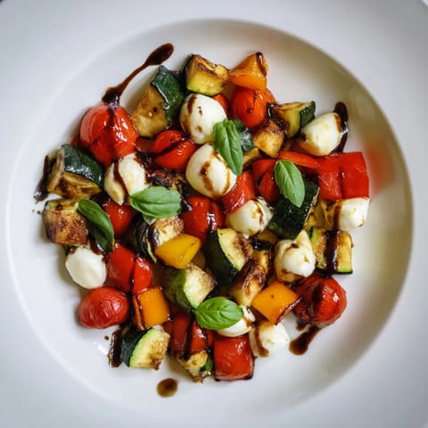 Warm Roasted Veggie Caprese Salad features juicy roasted tomatoes, tender zucchini, and sweet peppers tossed with mozzarella and fragrant basil.  