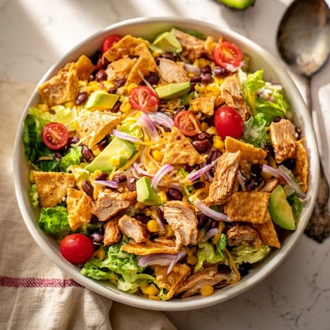 A close-up of Chicken Taco Chopped Salad featuring seasoned chicken and creamy salsa ranch dressing.  