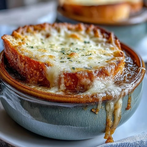 Classic French Onion Soup: Deeply caramelized onions topped with bubbly Gruyère cheese.