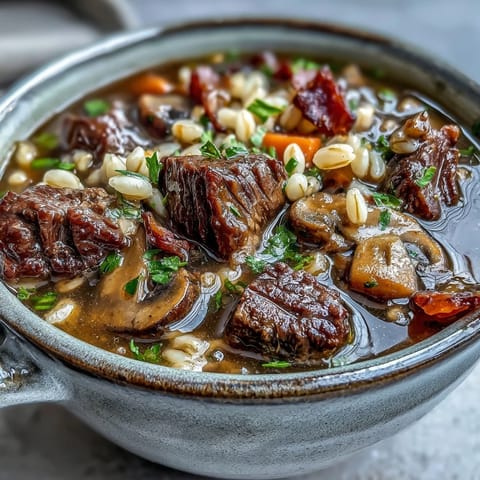 Savory beef and barley soup with earthy mushrooms, perfect for a cozy evening meal.