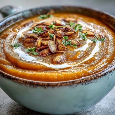Heartwarming roasted butternut squash soup, rich orange hue, ready to serve.