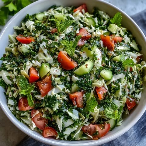 Bright and crunchy Lebanese Cabbage Salad with fresh parsley, mint, and zesty lemon dressing in a white bowl.