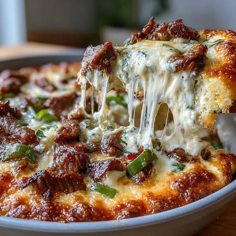 Golden, bubbly Philly Cheesesteak Dip topped with melted provolone and served with toasted crostini.