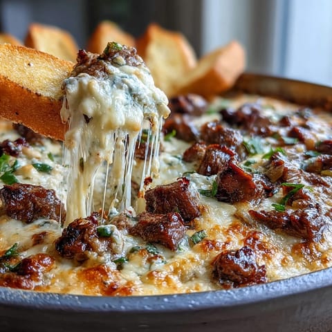 Savory shaved ribeye, peppers, and onions peek through the creamy, cheesy dip in a baking dish.
