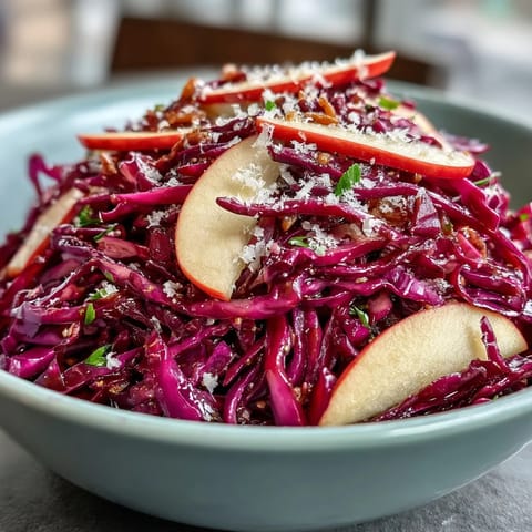 Vibrant red cabbage coleslaw with apple and Parmesan, dressed in tangy vinaigrette, served fresh in a rustic salad bowl.  