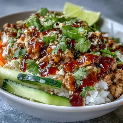 Bang Bang Ground Turkey Rice Bowls feature crunchy carrots, cucumbers, and scallions with sesame seeds.  