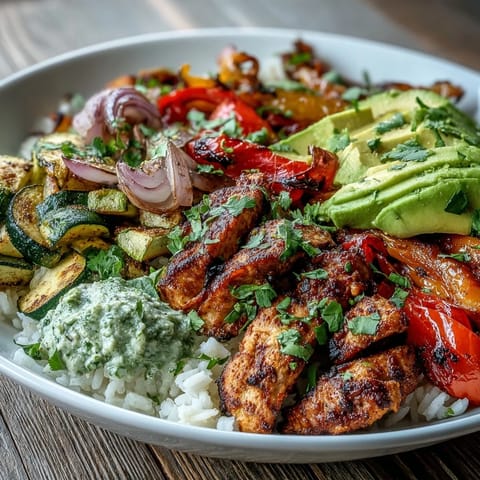 Sizzling Sheet Pan Fajita Bowl topped with avocado, cilantro, and lime wedges for a fresh finish.