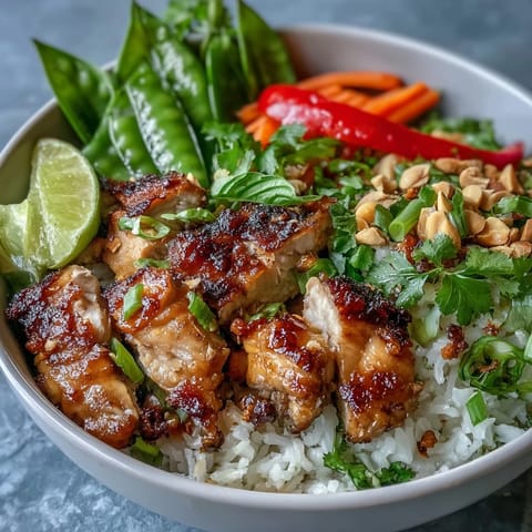 Thai Chicken Coconut Bowl topped with chopped peanuts, cilantro, and a lime wedge for garnish.