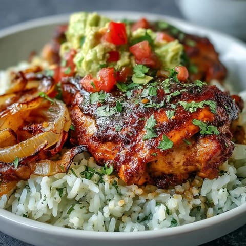 Hot Sheet Pan Chicken Tinga Bowl garnished with fresh cilantro and lime wedges, served in a rustic white bowl.