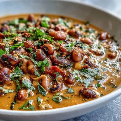 The finished Black-Eyed Pea Curry simmered in a pot, garnished with fresh cilantro and served alongside fluffy basmati rice.