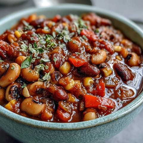 Steam rises from a hearty bowl of Black-Eyed Pea Chili, topped with sour cream and fresh cilantro, in a rustic kitchen setting.  