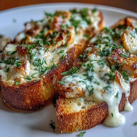 Freshly baked Chicken Alfredo Garlic Bread with melted mozzarella and cheddar, topped with chopped parsley.