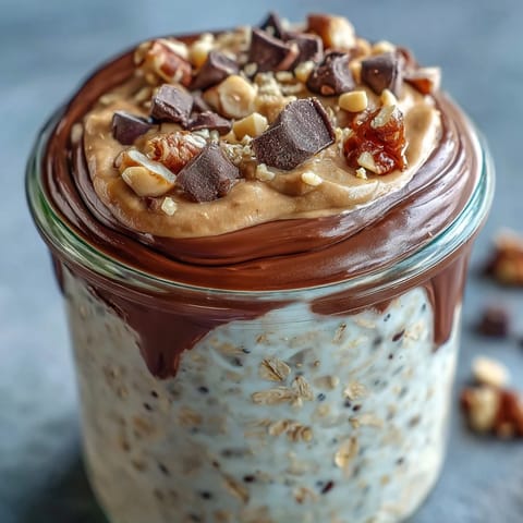 Overnight oats topped with chopped peanuts and a drizzle of peanut butter for a protein-packed breakfast.