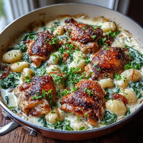 Golden-brown chicken thighs and soft gnocchi bake in a rich, creamy garlic Parmesan sauce with wilted spinach in a skillet.