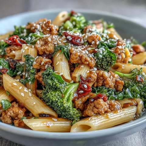 A close-up of Sweet & Spicy Turkey Broccoli Pasta, featuring saucy penne, ground turkey, and bright red bell pepper garnished with sesame seeds.