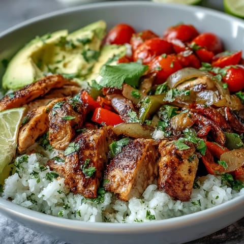 Healthy Skinny Chicken Fajita Meal Prep Bowls with Cilantro-Lime Rice packed in glass containers with lime wedges and cherry tomatoes.