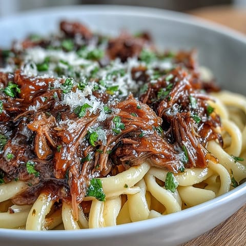 Rich and comforting crockpot French onion pot roast pasta with melted Gruyère cheese and fresh parsley garnish.  