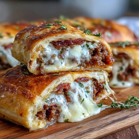 Golden-baked high-protein pepperoni stromboli filled with seasoned ground beef and gooey mozzarella, ready to slice and serve with pizza sauce.