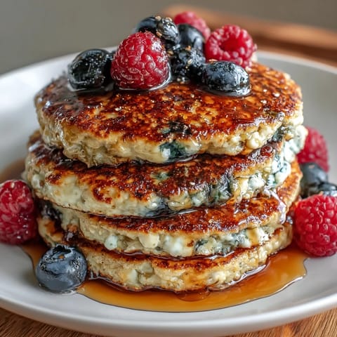 Fluffy protein pancakes topped with fresh berries and a dollop of yogurt, perfect for a nutritious breakfast.