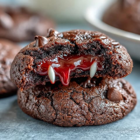 Sinfully rich chocolate cookies decorated with candy fangs and dripping red gel for a vampire look.  