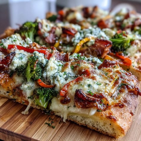 Vibrant St. Patrick's Day rainbow veggie flatbread pizza with colorful bell peppers, broccoli, and cherry tomatoes arranged in a festive pattern.