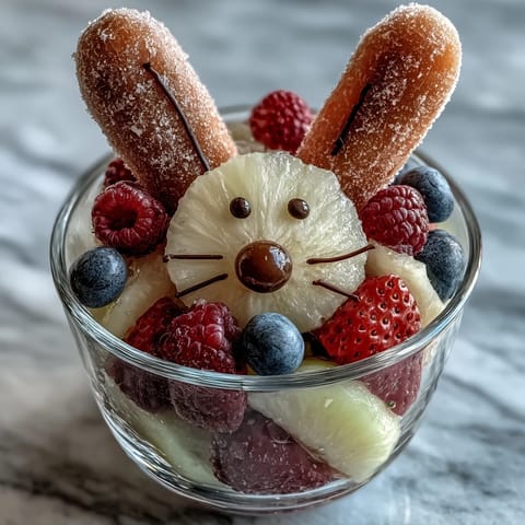 Healthy Easter snack idea: bunny-shaped fruit cups filled with fresh strawberries, grapes, blueberries, and pineapple.  