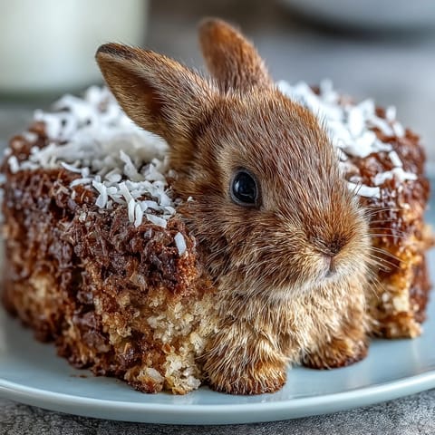 Whimsical bunny-shaped cake with soft vanilla frosting, shredded coconut, and candy accents, ideal for festive Easter dessert tables.  