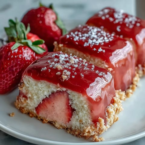 Tangy strawberry lemonade filling atop a buttery shortbread crust, dusted with powdered sugar for a bright, refreshing dessert.
