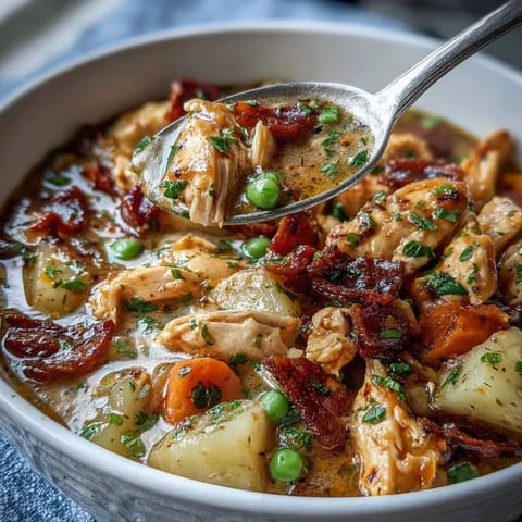 Creamy Slow Cooker Chicken Pot Pie Soup with tender chicken, hearty vegetables, and rich, savory broth in a cozy bowl.