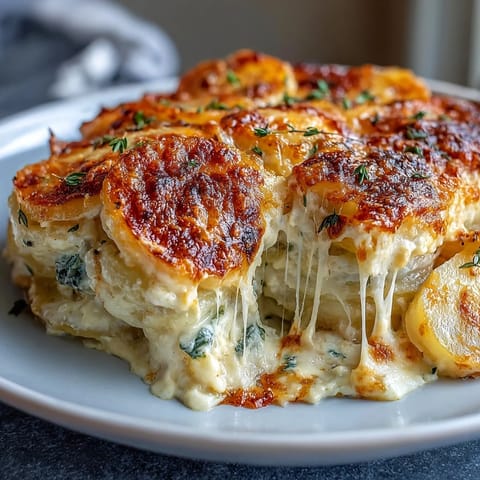 Creamy scalloped potatoes with Gruyere cheese baked until golden and bubbling with layers of tender potatoes and garlic cream sauce.