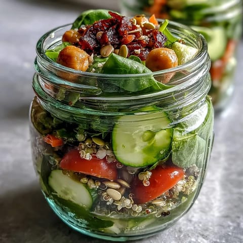 Fresh and colorful mason jar salads packed with greens, quinoa, and chickpeas for healthy meal prep.  