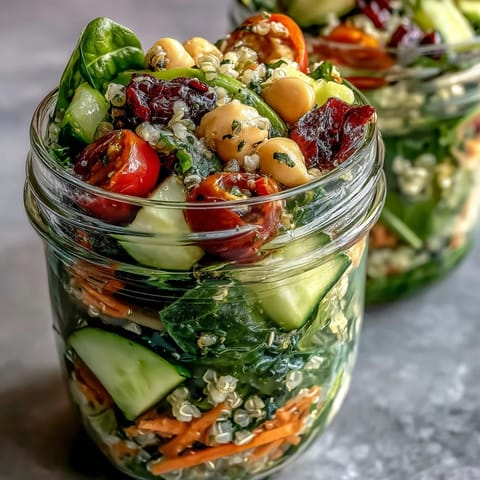 Layered mason jar salads with cherry tomatoes, cucumber, and feta—perfect for a nutritious lunch on the go.  