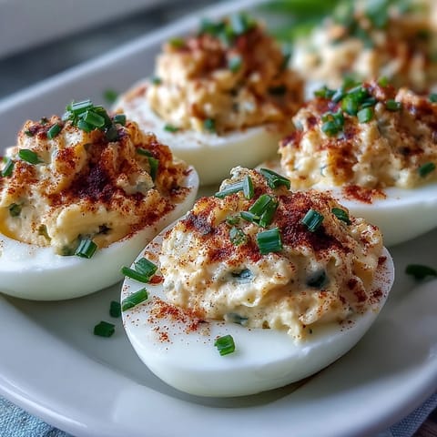 Classic Deviled Eggs with Paprika and Chives, creamy yolk filling topped with smoky paprika and fresh chives.