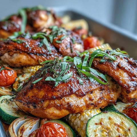 Sheet pan chicken with zucchini and corn, roasted to golden perfection with juicy chicken and sweet summer vegetables.
