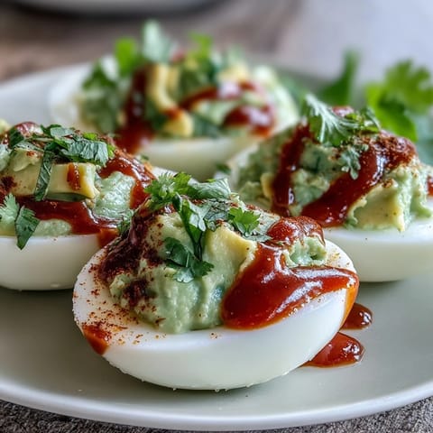 Vibrant avocado-filled deviled eggs topped with Sriracha sauce for a bold, tangy twist on a classic appetizer.