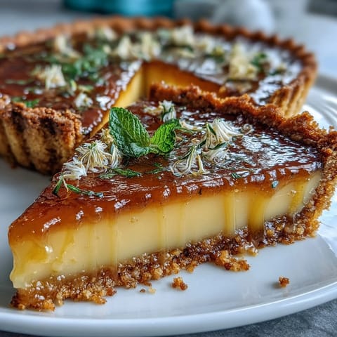 Bright lemon curd tart with edible flowers, perfect for spring celebrations or elegant brunches.