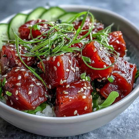 Vibrant Spring Tuna Poke Bowl with fresh tuna, crisp cucumber, radish, and creamy avocado over sushi rice, drizzled with ponzu sauce.