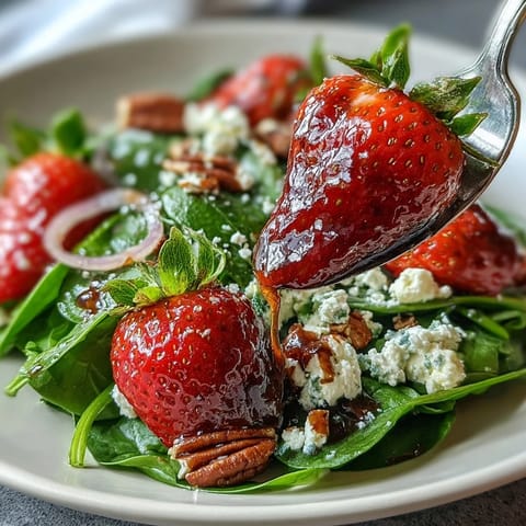Fresh strawberry spinach salad with creamy goat cheese and toasted pecans in a tangy balsamic vinaigrette, perfect for a light spring meal.