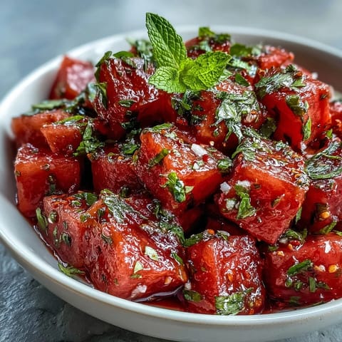 Refreshing watermelon chili lime salad, bursting with mint and spicy tropical flavors.