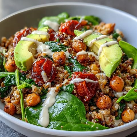 Hearty Ancient Grains Bowl with vibrant vegetables and creamy lemon-tahini dressing.