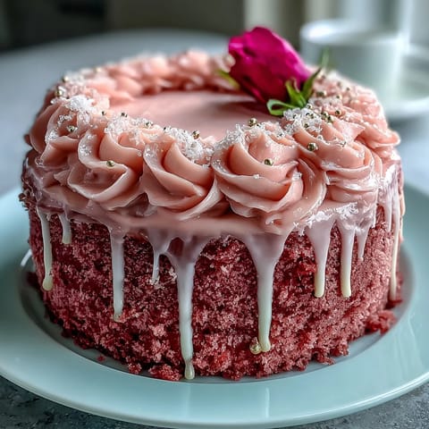 Pretty Rosé Velvet Cake topped with a luxurious gold drip design.