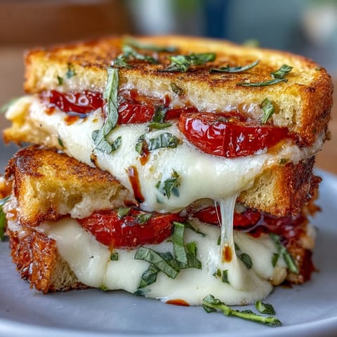 Gooey Caprese grilled cheese with fresh tomatoes and basil, drizzled with balsamic glaze.