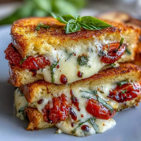 Golden Caprese grilled cheese sandwich, oozing mozzarella, perfect for a quick lunch treat.