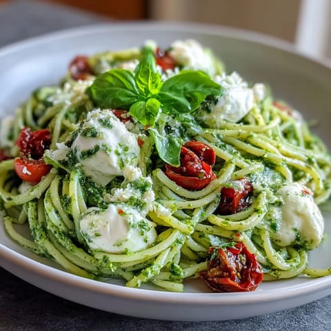 Vibrant Italian pesto pasta artfully topped with a whole burrata and basil leaves.