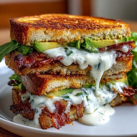 Golden-brown Bacon Avocado Ranch Grilled Cheese ready for dipping in soup.
