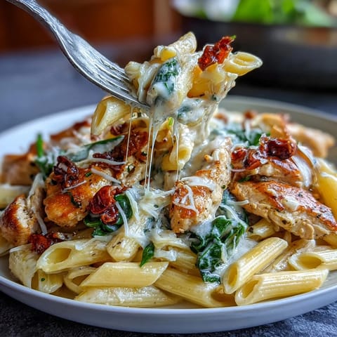 Tender chicken meets creamy Tuscan pasta with sun-dried tomatoes and spinach.