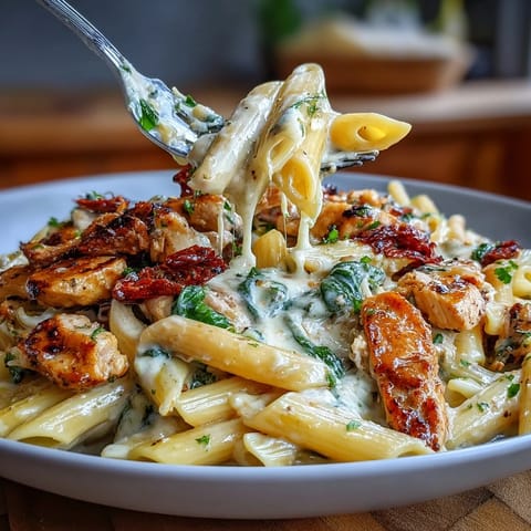 A luscious Tuscan chicken pasta dish, perfect for an easy weeknight dinner.