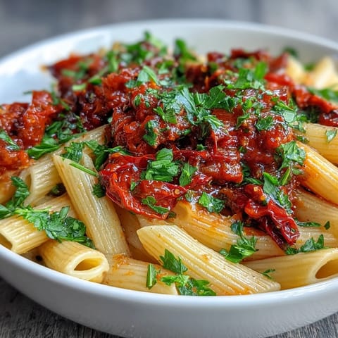 Vibrant Spicy Arrabbiata Pasta with a rich tomato-chili sauce, ready to